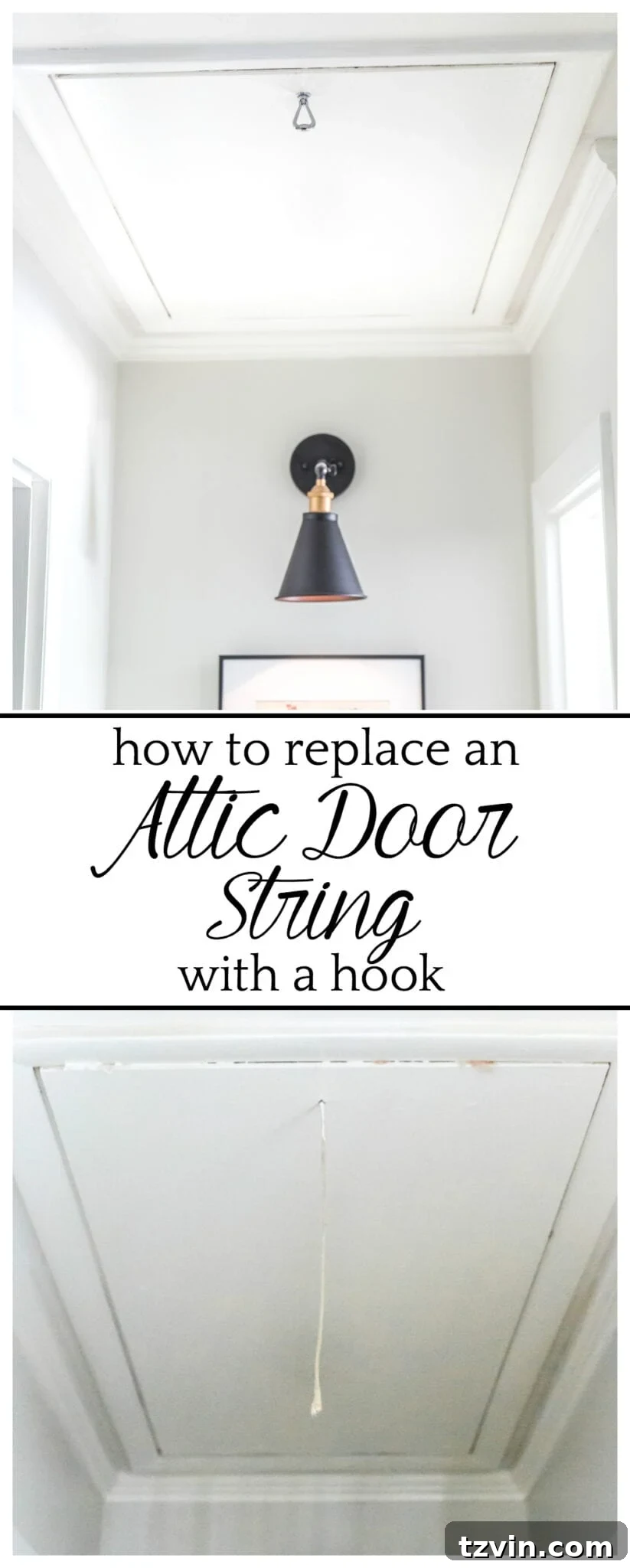 Attic Door Upgrade: Replace the String with a Hook 11 How to Replace an Attic Door String with a Hook | blesserhouse.com - A quick tip for improving the look of a hanging cord on an attic door.