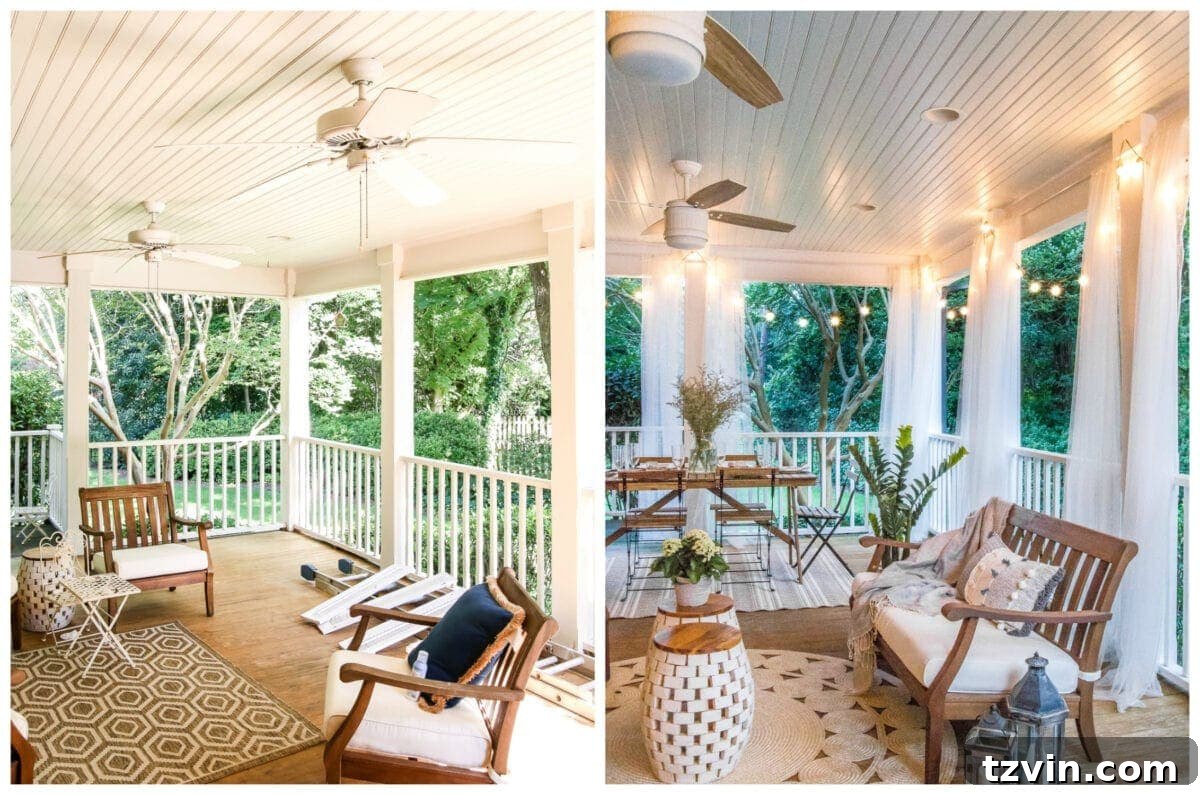Back porch makeover with mosquito net curtains