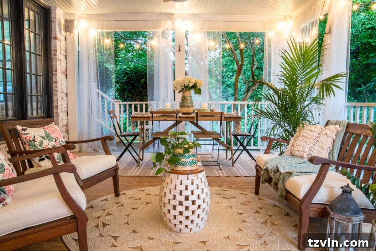 Spacious tropical boho back porch with dining area and lounge chairs, bathed in natural light, ready for summer enjoyment.