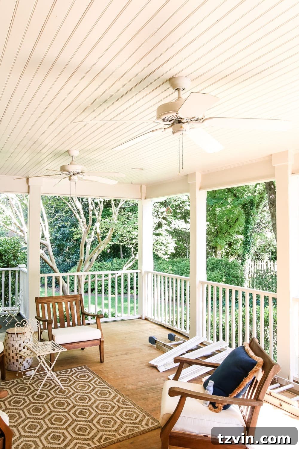Close-up of a Haint Blue painted porch ceiling during a previous back porch makeover.