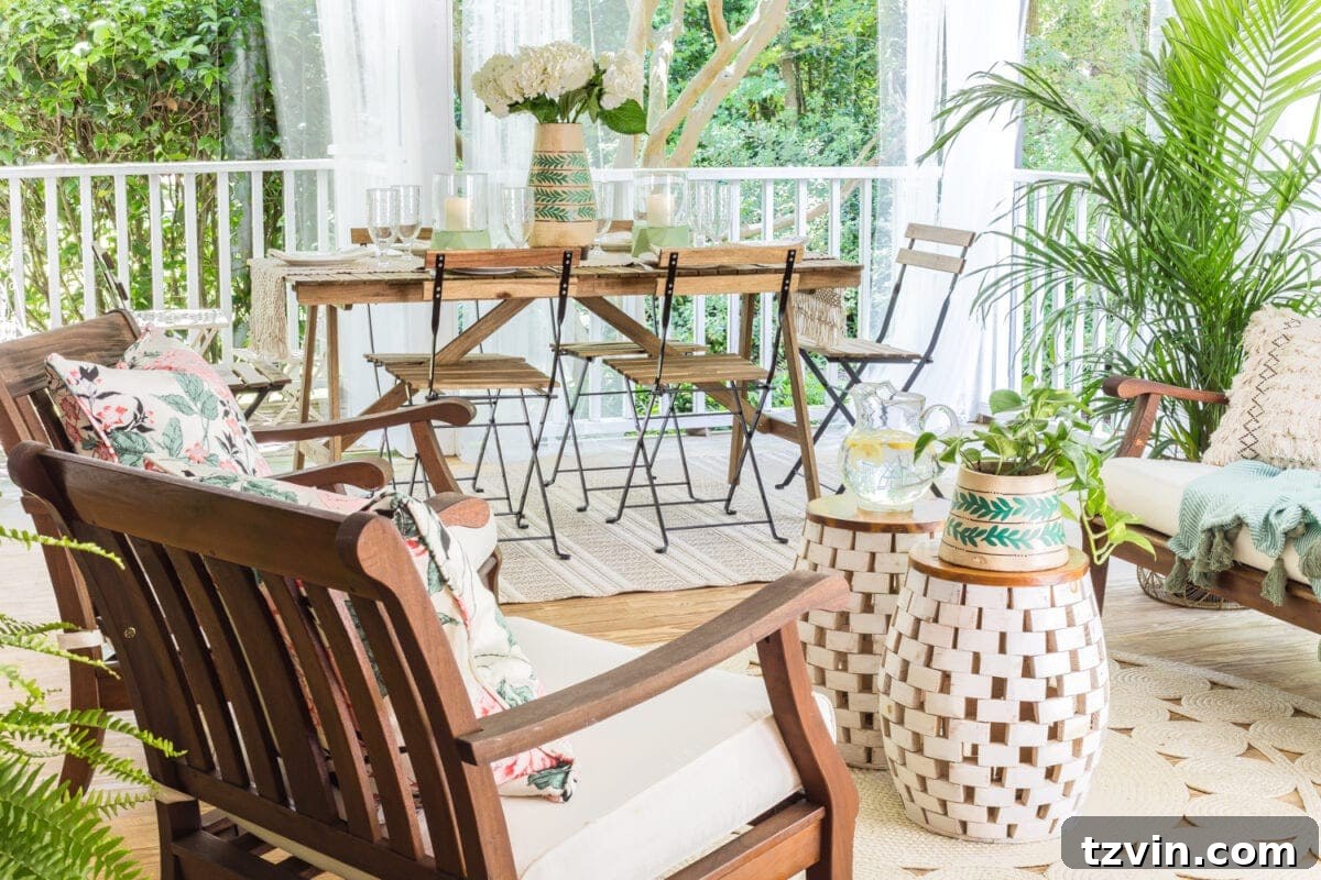 A tropical boho back porch decorated for summer with breezy, functional style from Walmart's Flower Home line by Drew Barrymore and string lights for evening ambience. #backporch #summerdecor