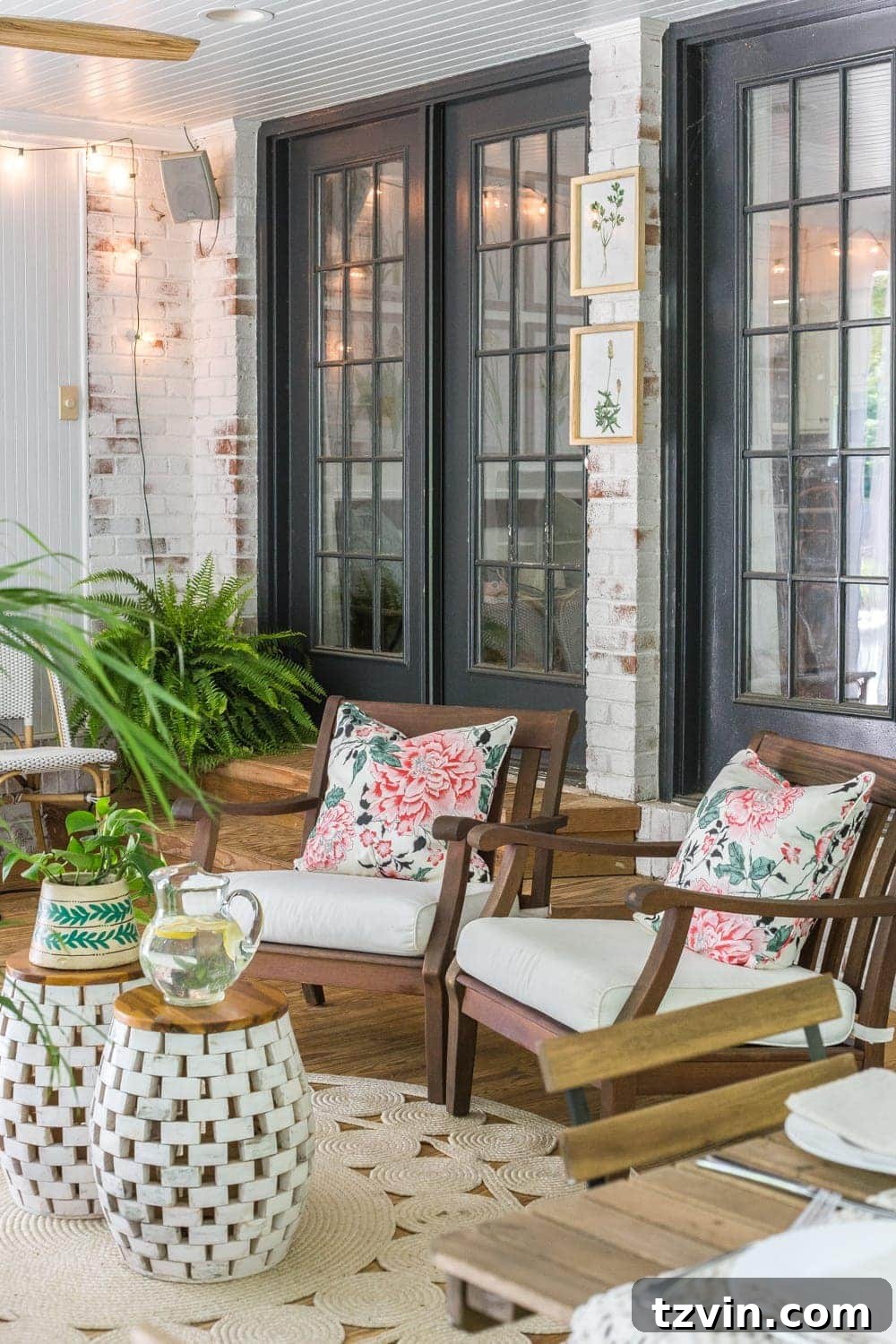 Colorful floral throw pillows on outdoor seating on a tropical boho back porch, adding a vibrant accent.