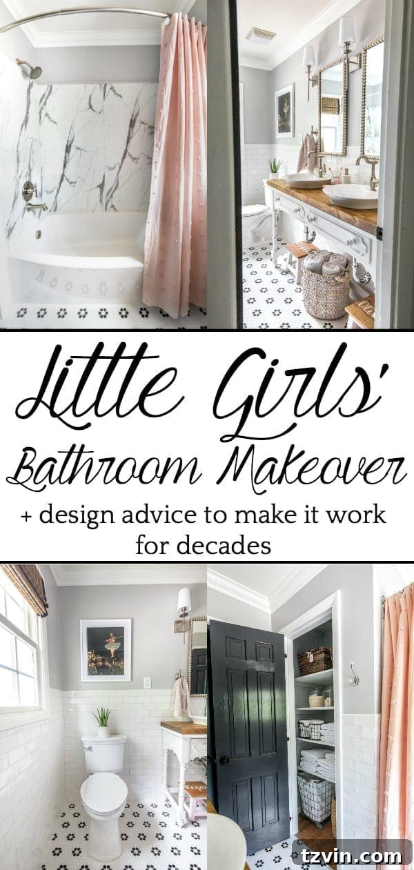 Tiny Humans Big Bathroom Makeover 24 Pinterest pin graphic for Little Girls Bathroom Makeover, showcasing a dated bathroom transformed into a classical, whimsical renovation with modern features well-suited for children.