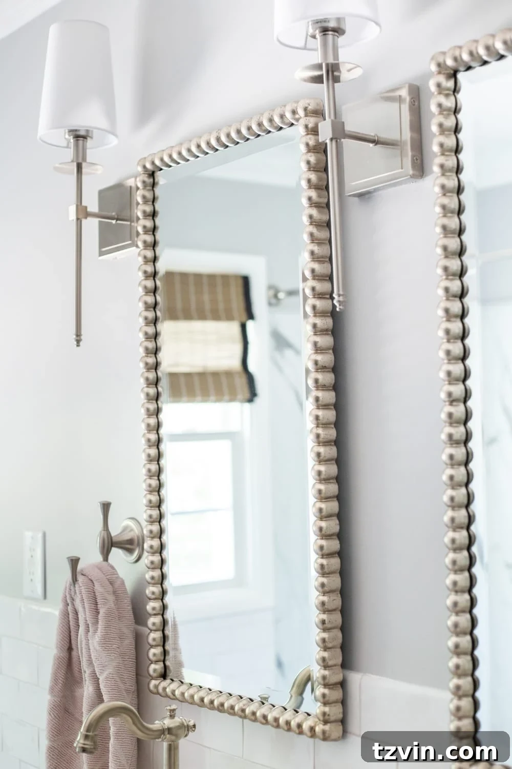 Girls' Bathroom Decor Details & Sources | brushed nickel beaded mirrors and shaded sconces
