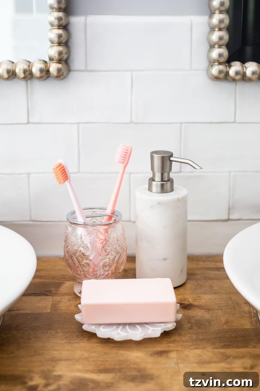 Girls' Bathroom Decor Details & Sources | bathroom accessories, toothbrush holder, soap dispenser, handmade subway tile, butcher block countertop