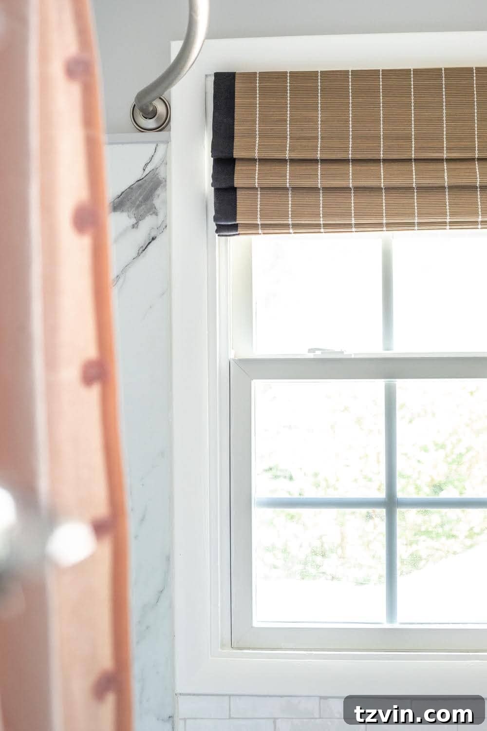 Girls' Bathroom Decor Details & Sources | woven window shade, faux marble shower walls