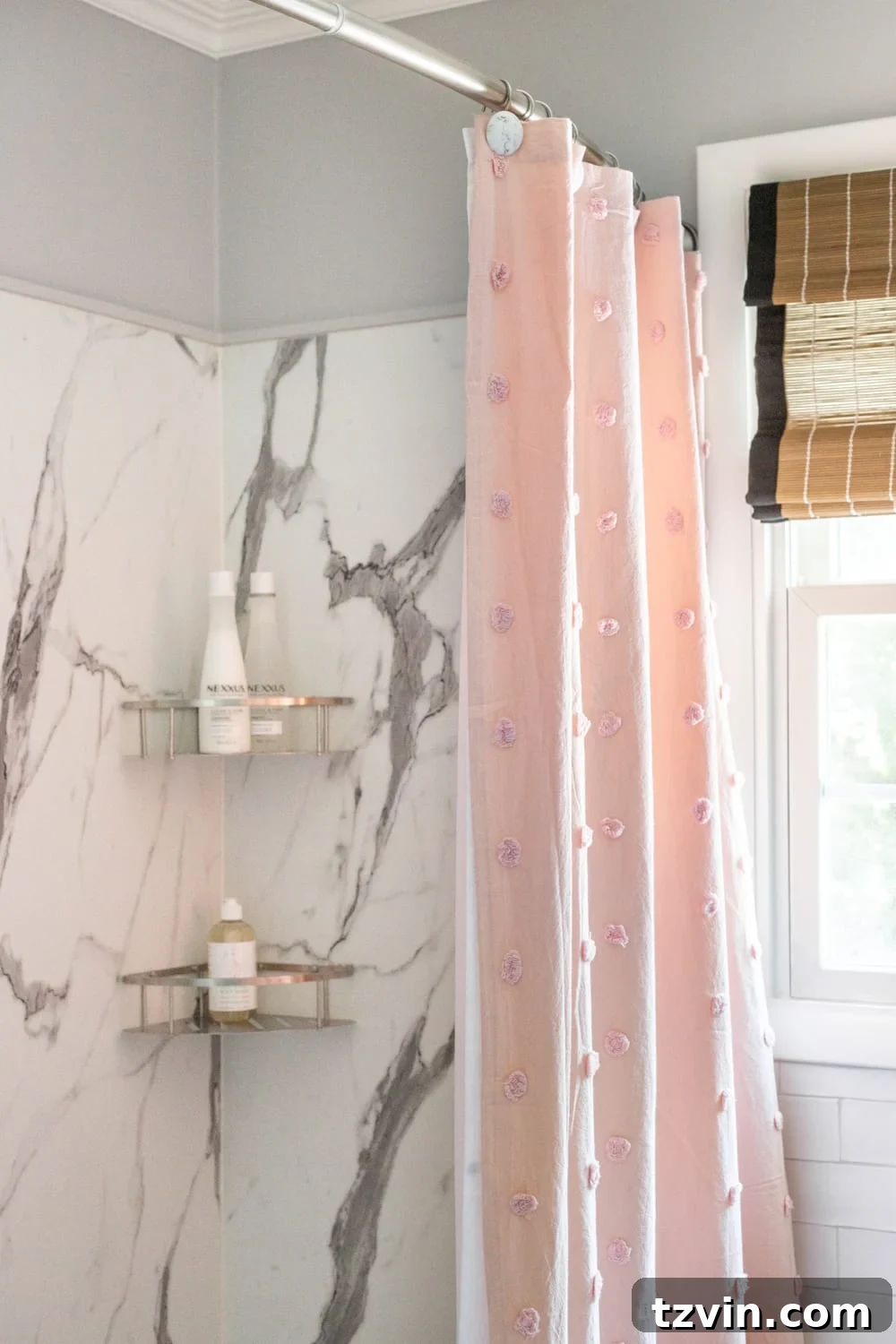 Girls' Bathroom Decor Details & Sources | Faux marble shower walls from American Standard Passage Collection