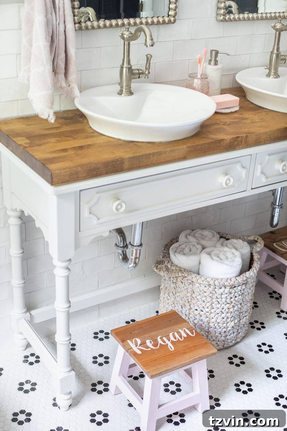 Girls' Bathroom Decor Details & Sources | Console table converted into a vanity with vessel sinks and personalized step stools