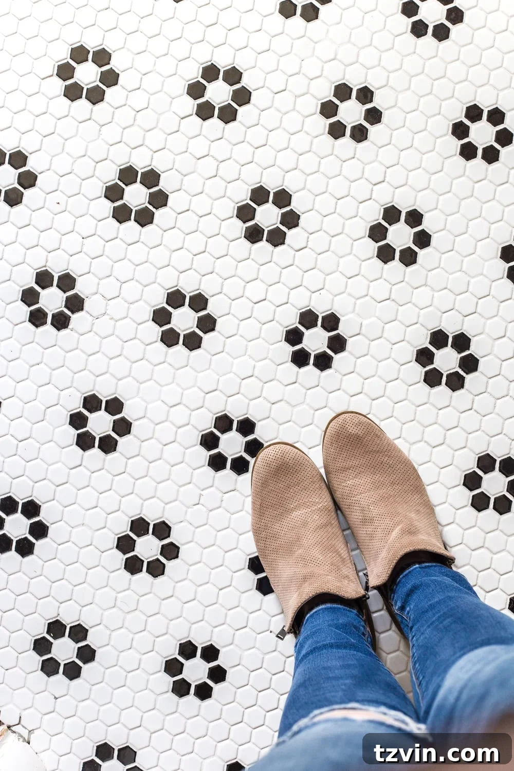Girls' Bathroom Decor Details & Sources | Retro flower floor tile
