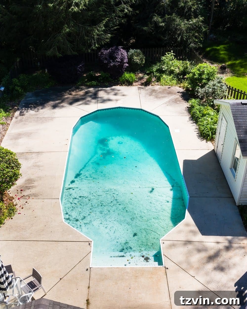 Aerial view of the pool area before the liner replacement