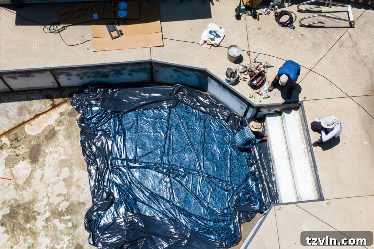 Aerial perspective of the vinyl liner replacement underway