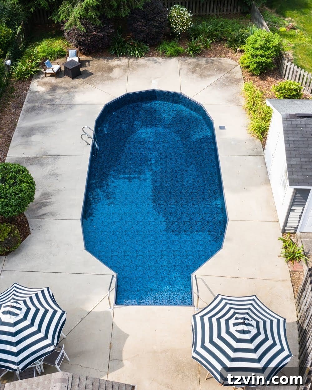 Aerial view of the completed pool with Obsidian liner from GLI Pool Products TrueStone Collection