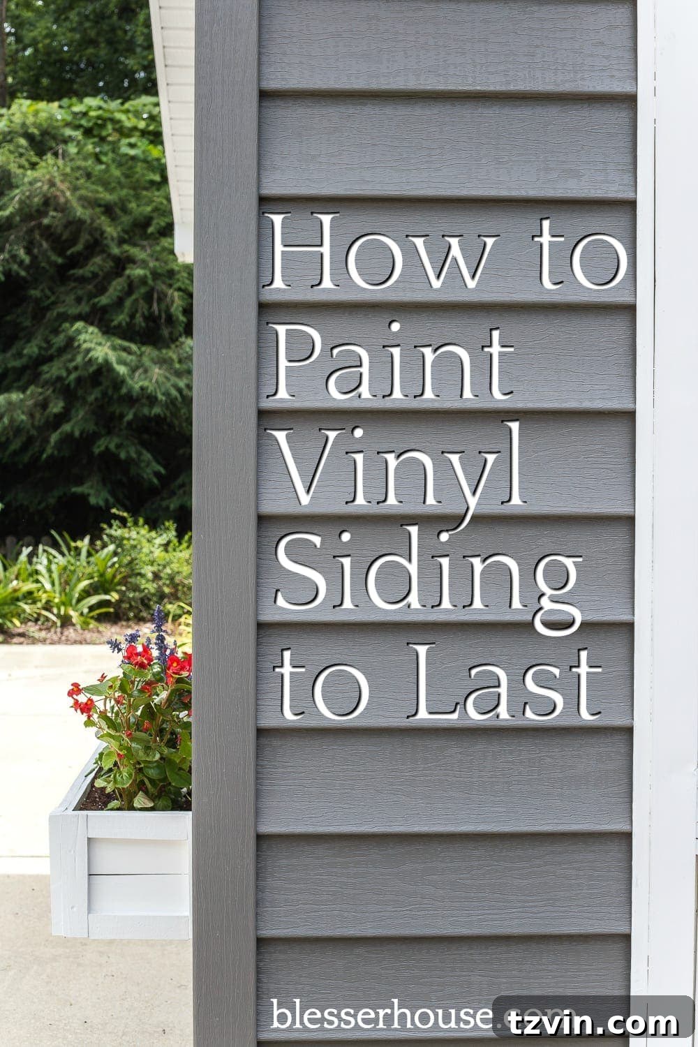 Pin graphic: The best solution for painting vinyl siding to make it last and an inexpensive exterior pool shed makeover. #poolshed #paintvinylsiding