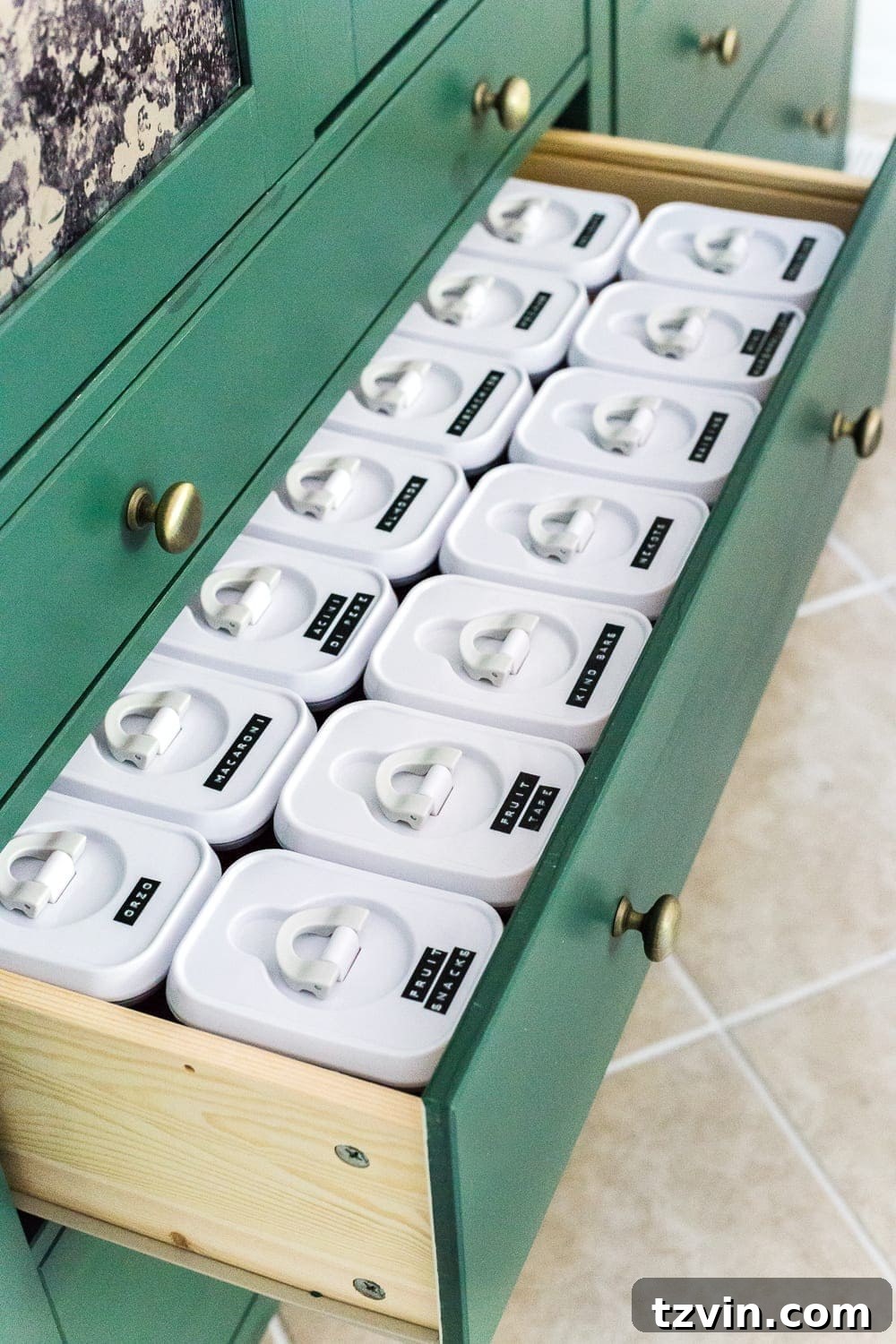 Ultimate IKEA Hemnes Pantry Cabinet Organization 9 Airtight food storage containers perfectly fit into IKEA Hemnes pantry drawers, ideal for grab-and-go snacks and fresh ingredients.