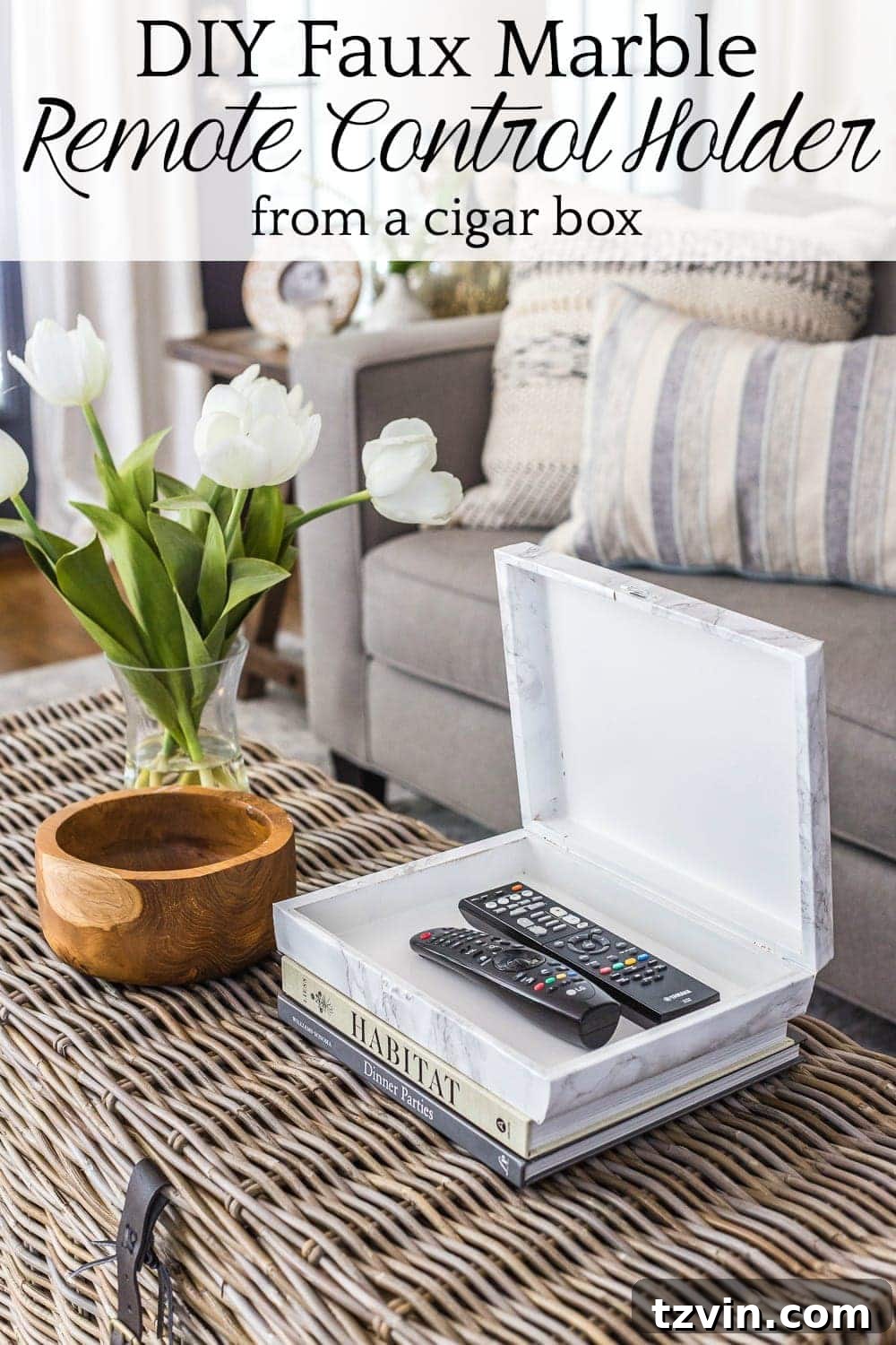 Elegant Faux Marble Remote Organizer: A Cigar Box Upcycle 11 How to wrap a cigar box with contact paper to repurpose into a decorative remote control holder for a coffee table. #remotecontrolholder #coffeetabledecor #DIYprojects