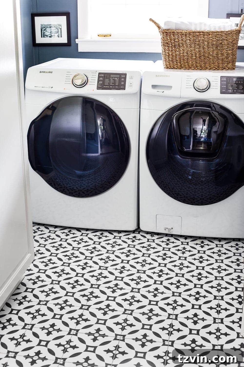 Big impact room redecoration using beautiful vinyl tile decals on the floor
