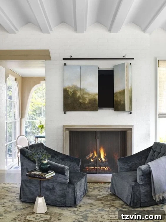 Beyond the Screen 12 Ways to Style Your TV Space 12 Television hidden behind a multi-panel custom artwork cover