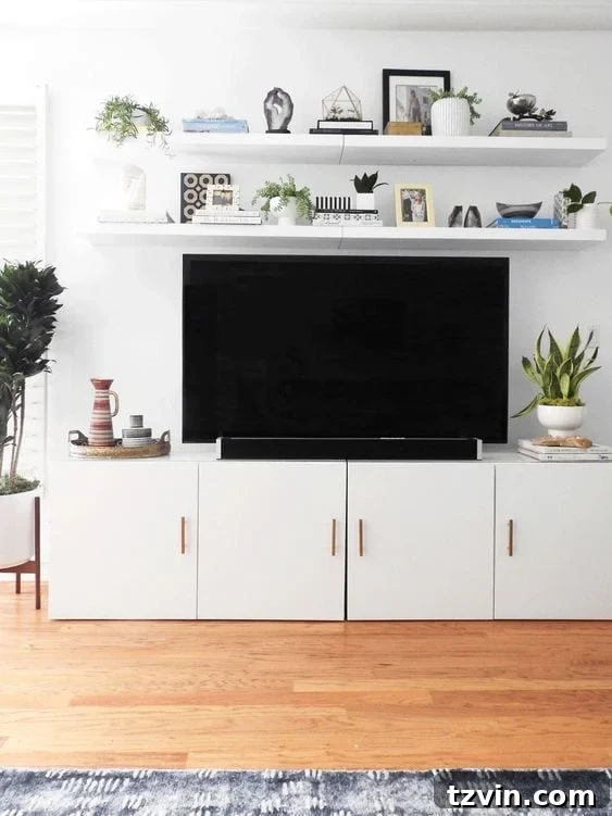 Beyond the Screen 12 Ways to Style Your TV Space 14 Television framed by stylish floating shelves displaying decorative items