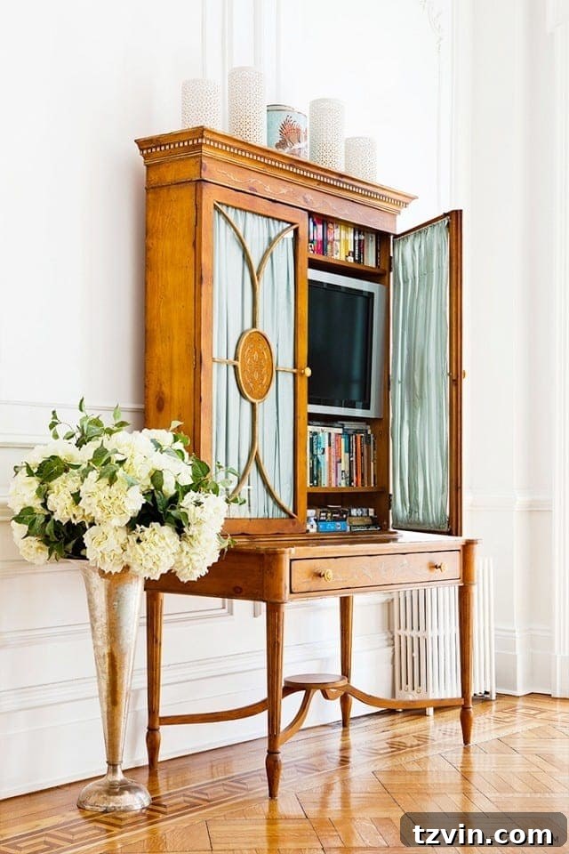 Beyond the Screen 12 Ways to Style Your TV Space 15 Television discreetly placed inside an antique secretary desk