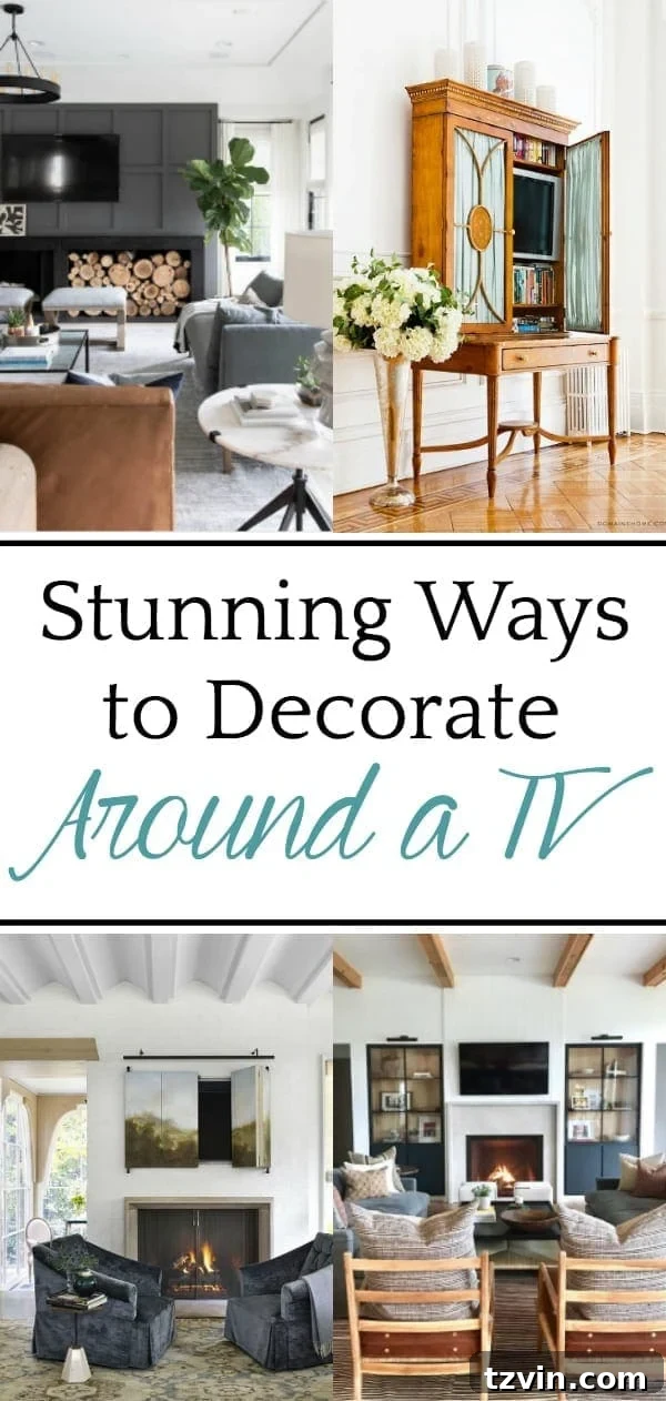 Beyond the Screen 12 Ways to Style Your TV Space 18 Pinterest pin showing 12 ideas to decorate around a TV for a beautiful room