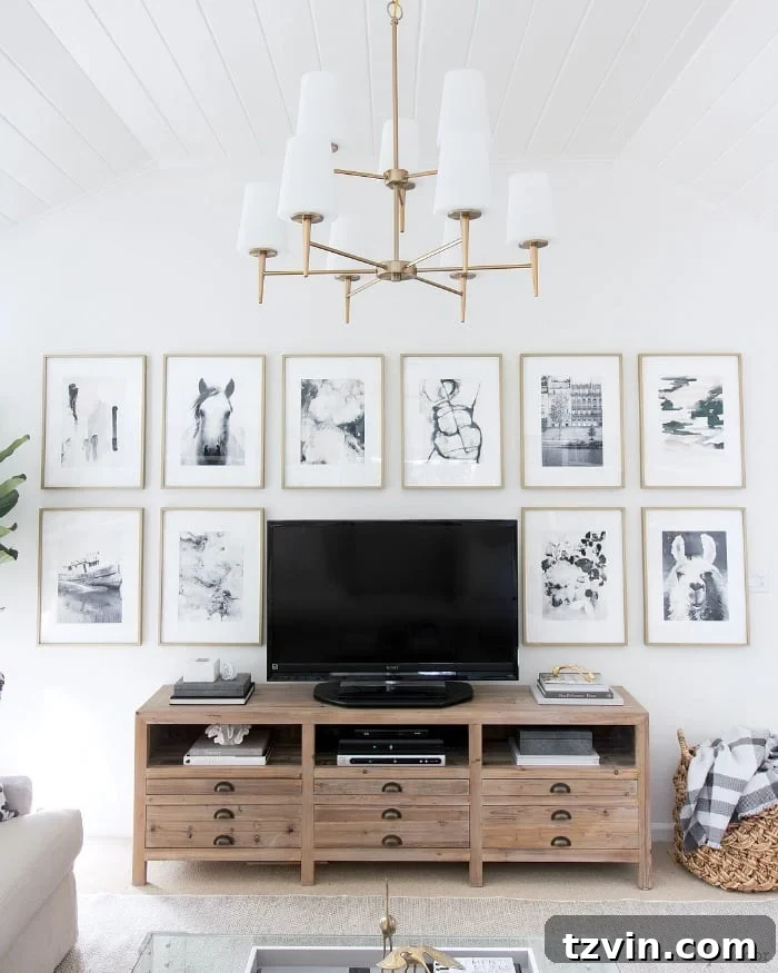 Beyond the Screen 12 Ways to Style Your TV Space 9 Grid gallery wall with television seamlessly integrated