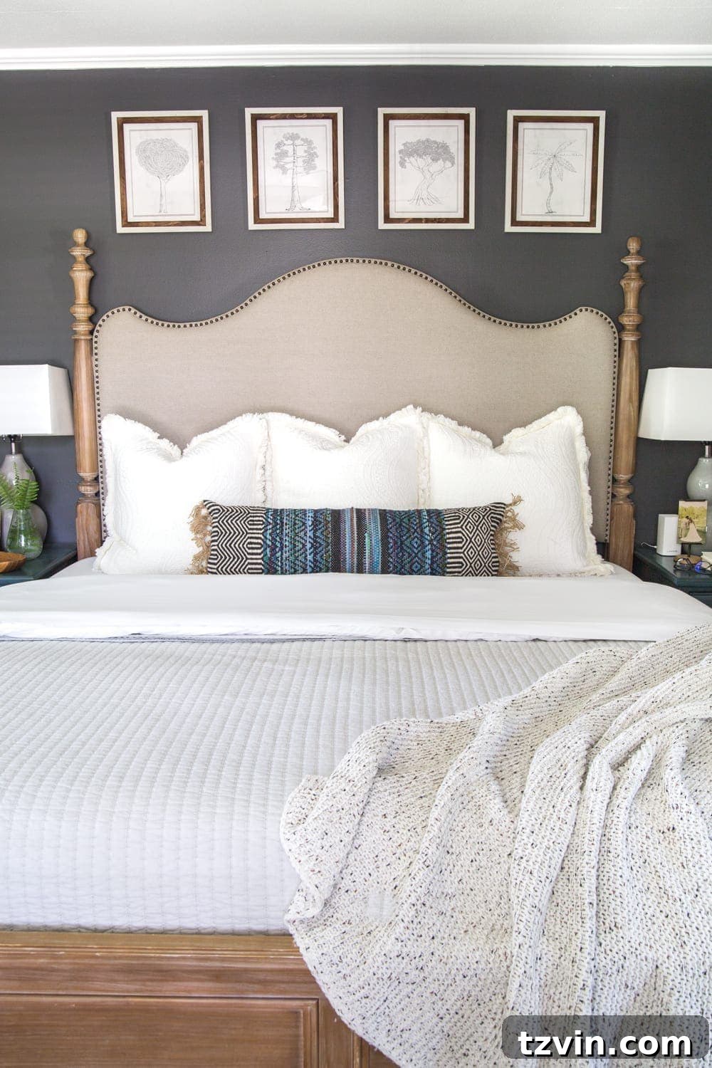 Master Bedroom Oasis: New Artistic Tranquility 5 Simple, minimalist art ideas from Walmart that work perfectly in a bedroom to evoke a peaceful mood + charcoal gray wall paint