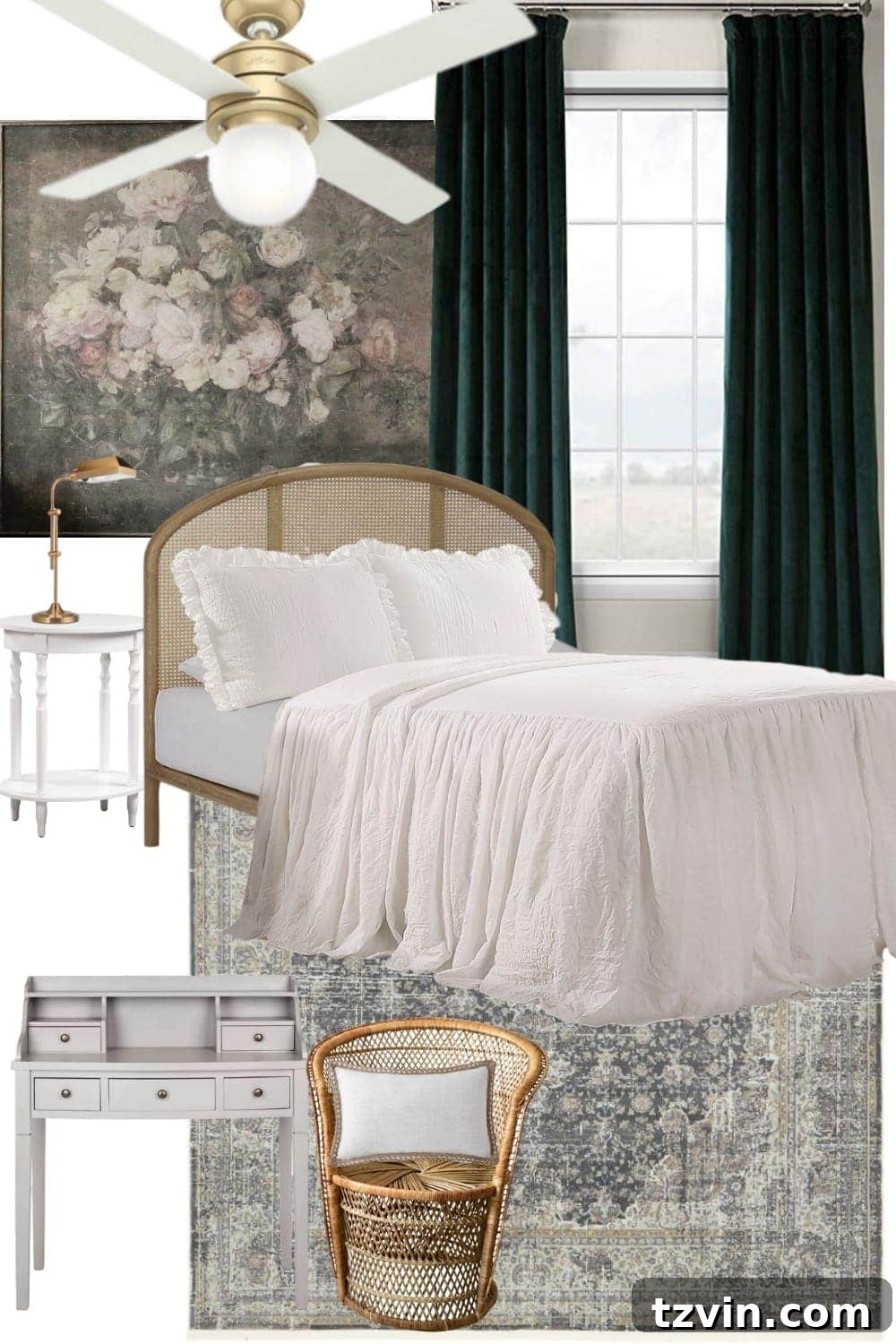 A vintage chic guest bedroom mood board with secondhand elements and budget-friendly home decor finds. #guestbedroom #bedroomdesign