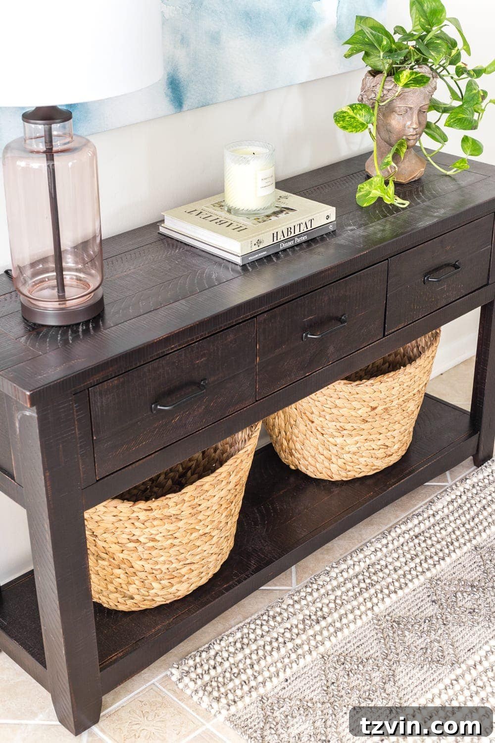 Organized Drawers and Woven Baskets for Accessible Entryway Storage