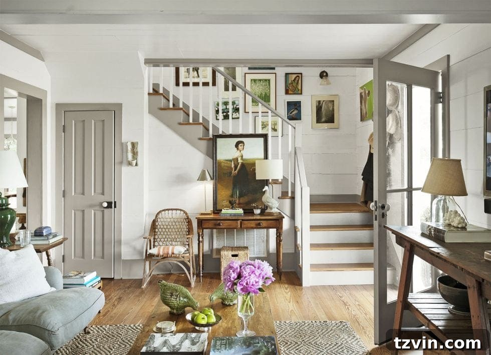 Elevate Your Space: Paint Colors Designed for Gray Trim 4 Rustic living room featuring greige trim and natural wood elements, blending classic comfort with modern farmhouse style.
