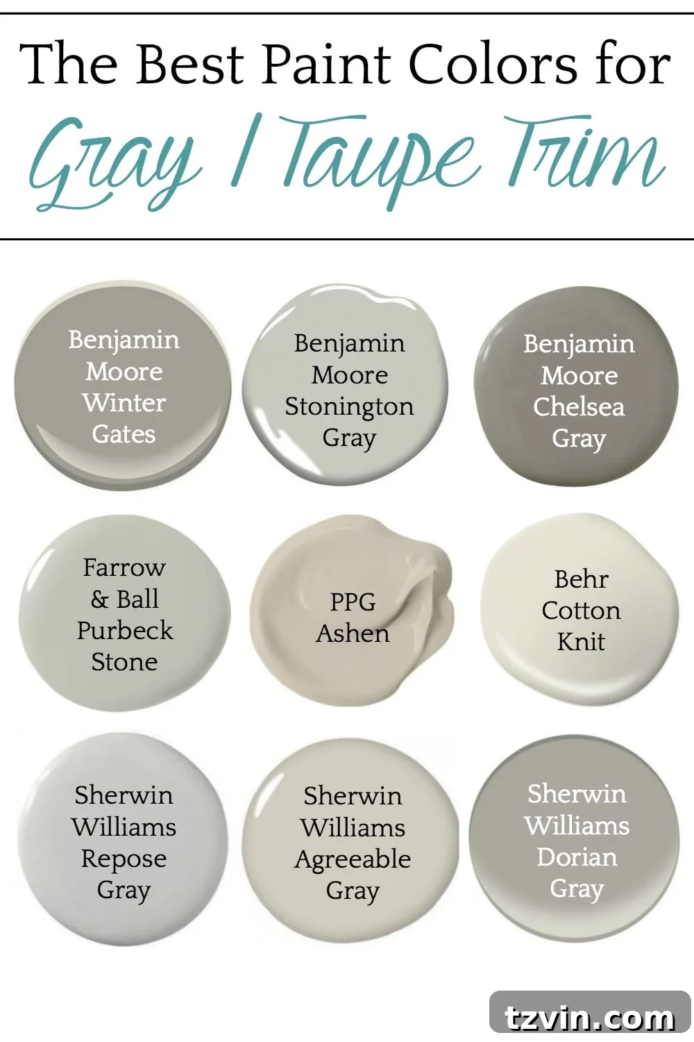 Elevate Your Space: Paint Colors Designed for Gray Trim 10 A selection of top-recommended gray, greige, and taupe trim paint colors for sophisticated interiors.