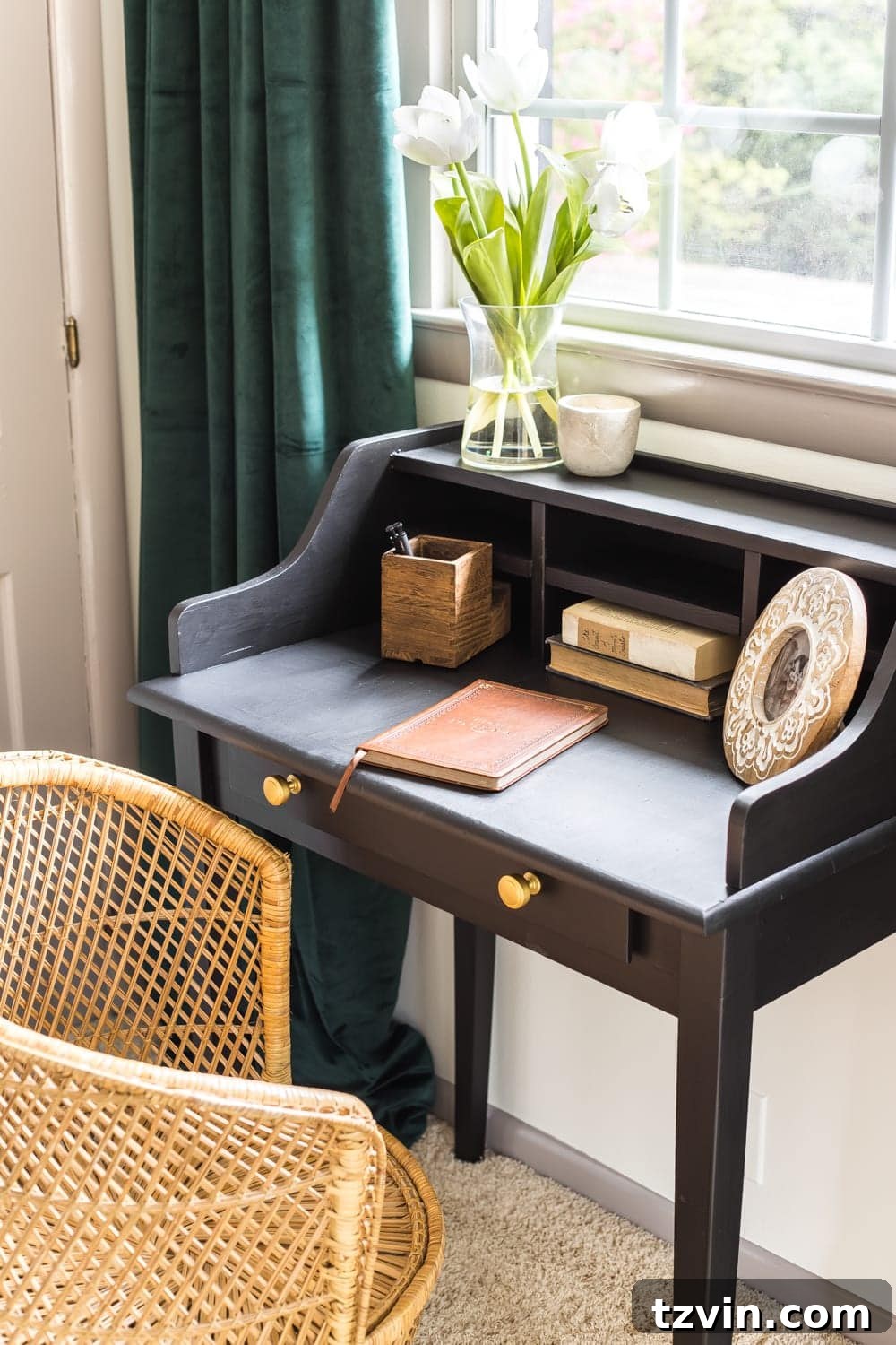Close-up of vintage writing desk makeover in guest bedroom