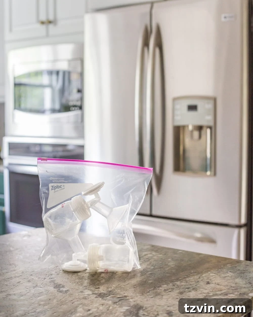 Exclusive Pumping Hack - Store pump parts in a bag in the fridge between uses to decrease time on washing.