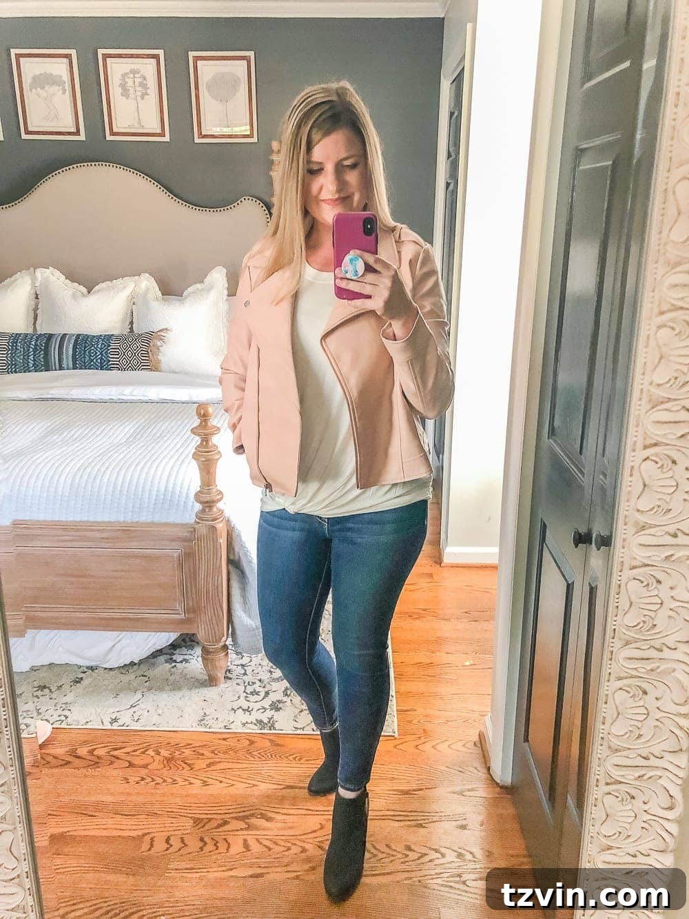 Chic & Cheap: 7 Fall Outfits to Smooth Your Silhouette 8 7 Inexpensive Tummy Hiding Mom Friendly Fall Outfits | blush moto jacket, jeans, tie waist tee, booties