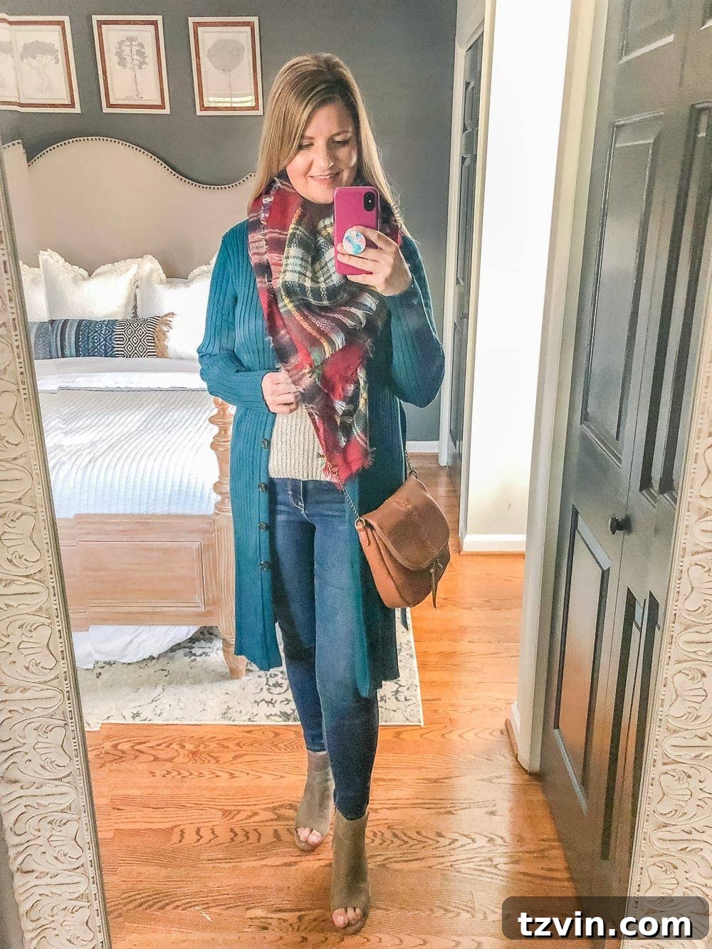 Chic & Cheap: 7 Fall Outfits to Smooth Your Silhouette 9 7 Inexpensive Tummy Hiding Mom Friendly Fall Outfits | sweater tank, jeans, long cardigan, plaid scarf, cognac crossbody bag, peep toe block heel booties