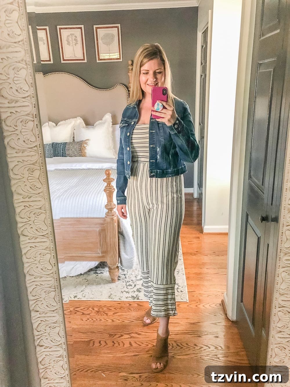 Chic & Cheap: 7 Fall Outfits to Smooth Your Silhouette 5 7 Inexpensive Tummy Hiding Mom Friendly Fall Outfits - fall jumpsuit with denim jacket and booties