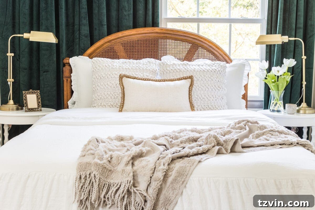 Reviving Your Worn Cane Furniture 5 Guest bedroom makeover with linen skirted vintage style bedding and thrifted cane headboard