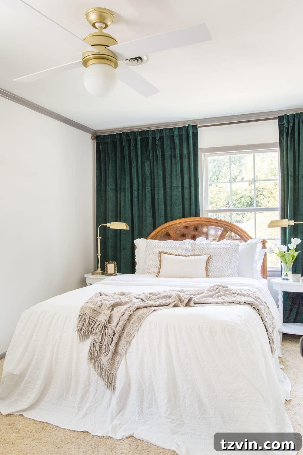 Reviving Your Worn Cane Furniture 6 Guest bedroom makeover with linen skirted vintage style bedding and thrifted cane headboard