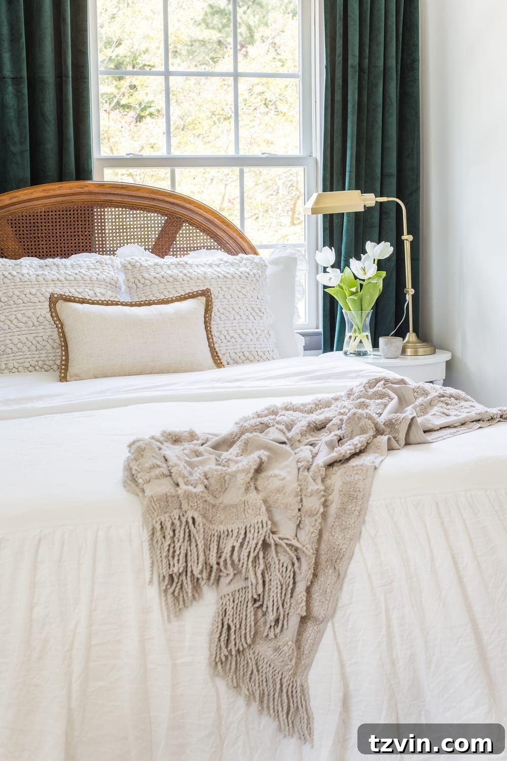 Reviving Your Worn Cane Furniture 7 Guest bedroom makeover with linen skirted vintage style bedding and thrifted cane headboard
