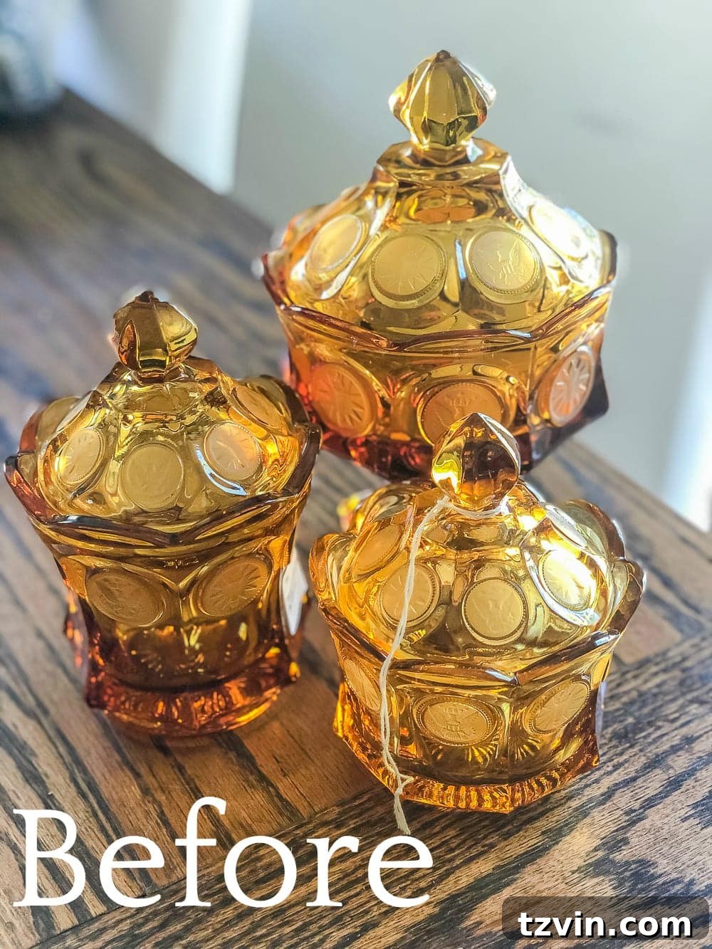 Vintage amber glass candy dishes before being repurposed into DIY soy wax candles