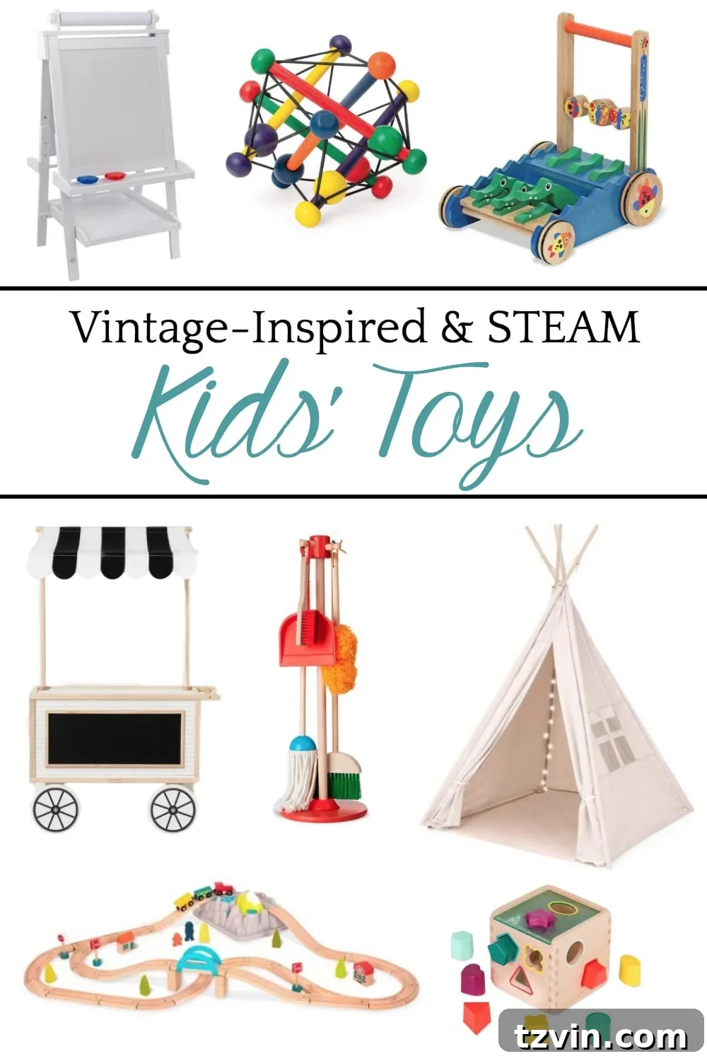 A round-up shopping guide of the most highly rated streamlined modern baby gear and vintage-inspired STEAM toys to inspire sensory development.