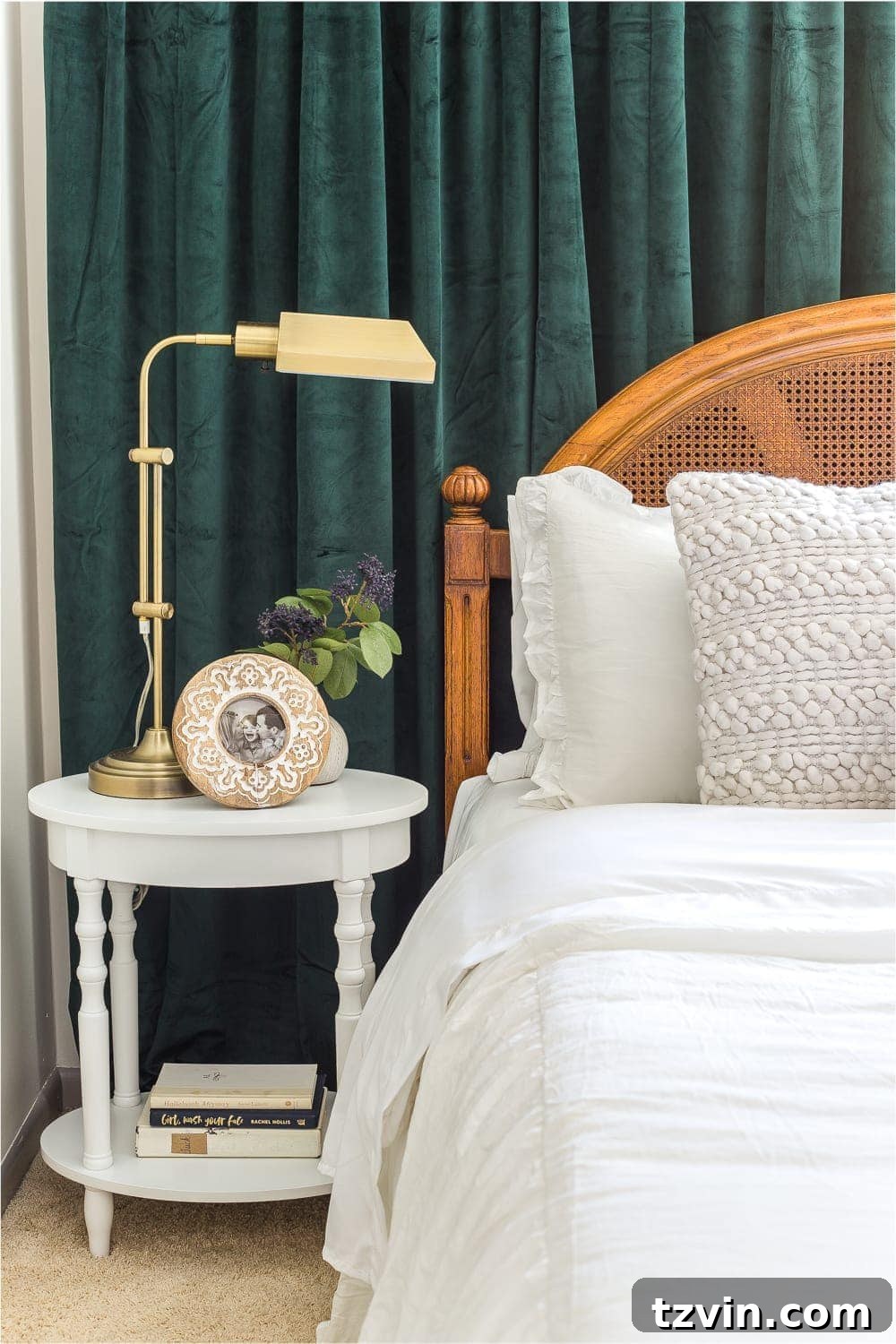 Guest Bedroom Grandeur: Vintage Chic Statement Art 5 Cozy guest bedroom with chunky knit pillows and green curtains, fall decor