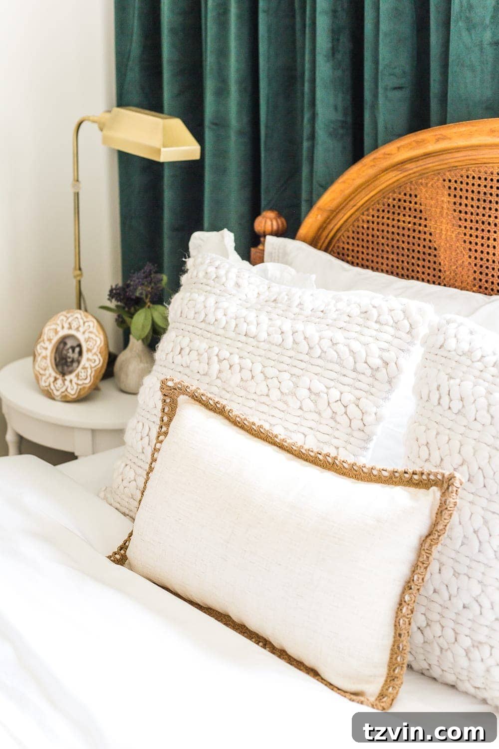Guest Bedroom Grandeur: Vintage Chic Statement Art 6 Guest bed with ruffle skirted bedspread and lumbar pillow, cozy bedding