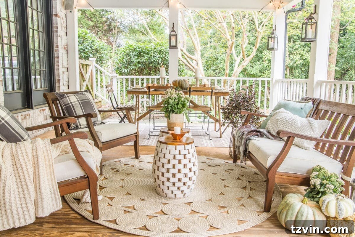 Smart Capsule Decor for Your Fall Back Porch 3 Fall Back Porch Styling Ideas | Outdoor spaces decorated for autumn with versatile capsule decor.