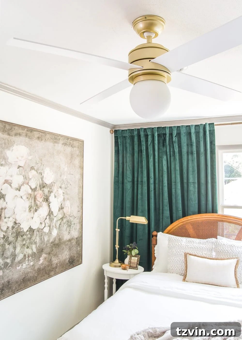 Our Guest Retreat Transformation Unveiled 11 The Hepburn ceiling fan from Hunter Fan Co. installed in the guest bedroom, offering climate control and adding a stylish touch.