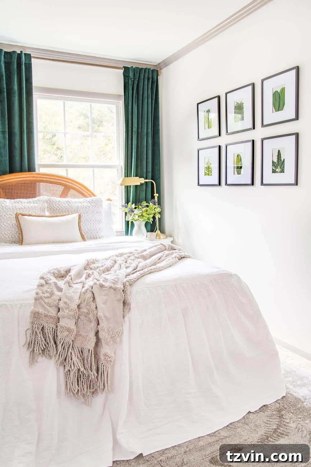 Our Guest Retreat Transformation Unveiled 15 Inexpensive and chic DIY art in the guest bedroom: framed leaves adding a touch of natural green to the vintage decor.