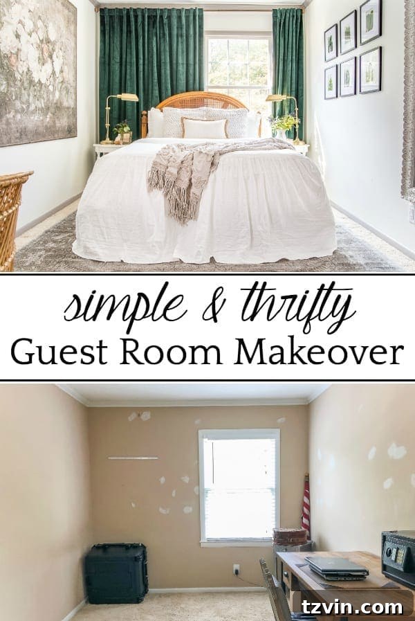 Our Guest Retreat Transformation Unveiled 18 Pinterest pin showing the simple thrifty guest bedroom makeover, inspiring readers with luxe vintage chic decor on a budget.