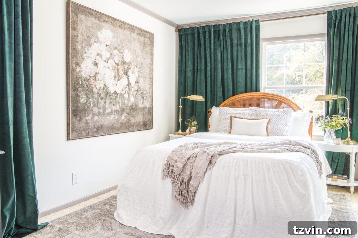 Our Guest Retreat Transformation Unveiled 5 After image showcasing the spacious feel of the redesigned guest bedroom with a queen bed, demonstrating how thoughtful layout can maximize small spaces.