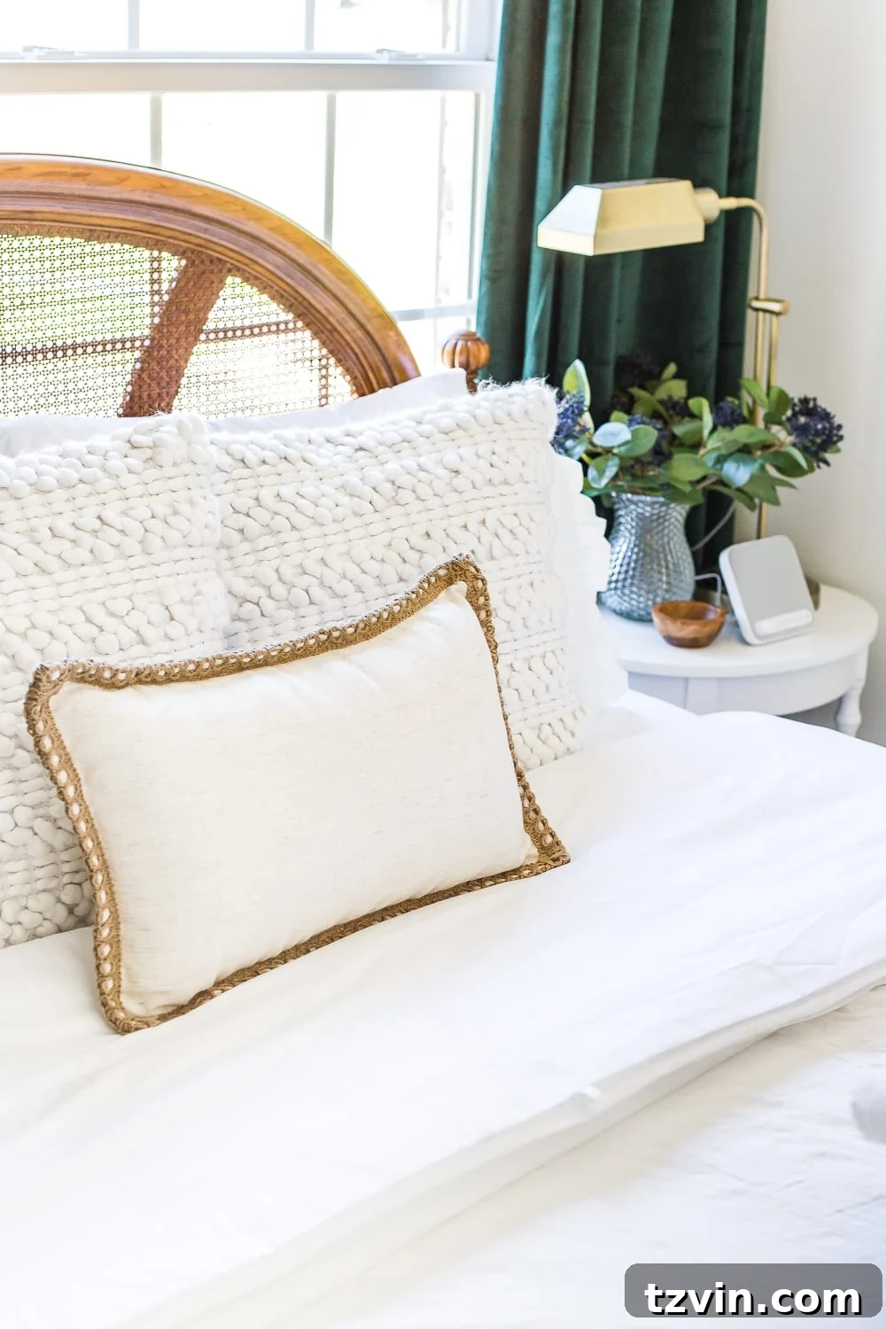 A neatly made guest bed with white, soft sheets and a variety of pillows, emphasizing comfort and thoughtful details in guest bedroom amenities.