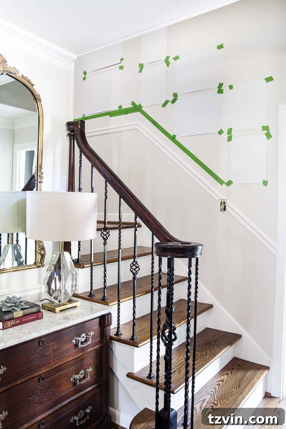 Flawless Staircase Gallery Walls A Frame Size Blueprint 3 A step-by-step image showing how to use wrapping paper templates to plan a stairway gallery wall without mistakes. Includes hashtags: #gallerywall #stairwaygallerywall #familygallerywall #staircasegallerywall #foyer #entryway