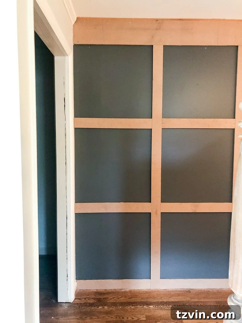 The installed MDF grid framework before adding decorative molding